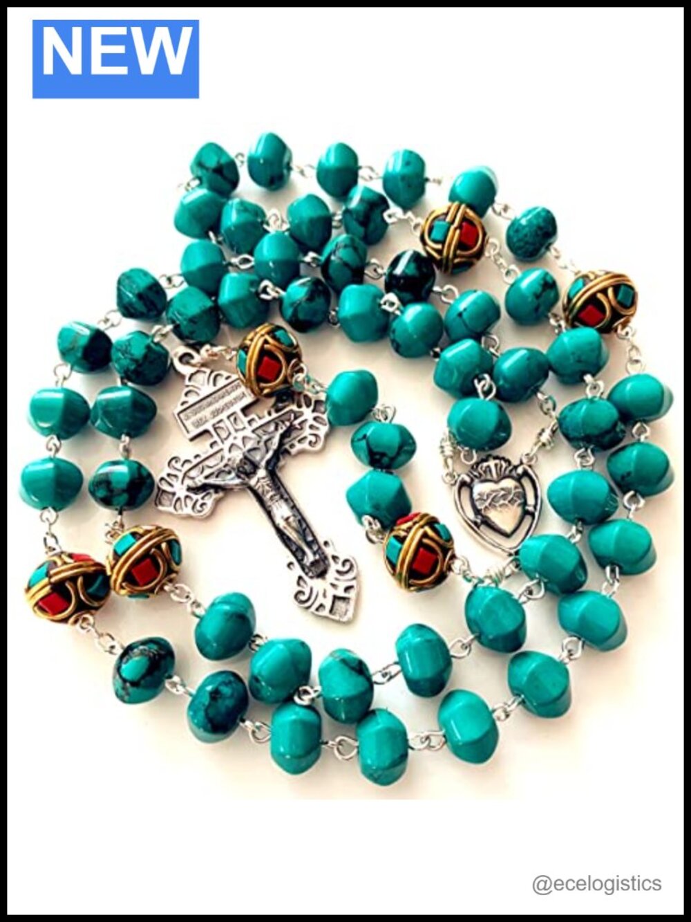 Handmade Turquoise & Tibet Copper Beads Sterling 925 Silver Rosary Necklace